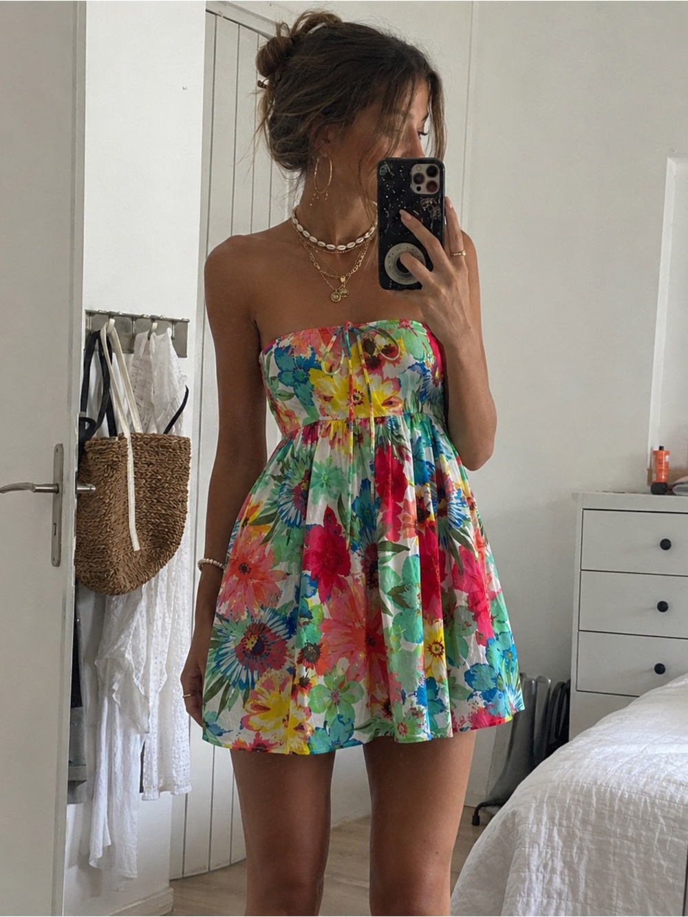 Tropical Floral Strapless Mini Dress Cover Up